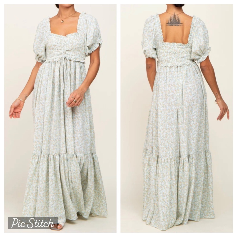 Pink Blush Sage Floral Smocked Ruffle Maxi Dress